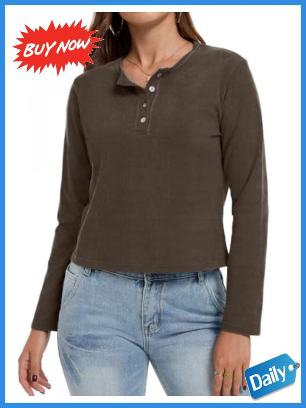 Women's 100% Cotton Long Sleeve Henley Top Washed Casual Tee
